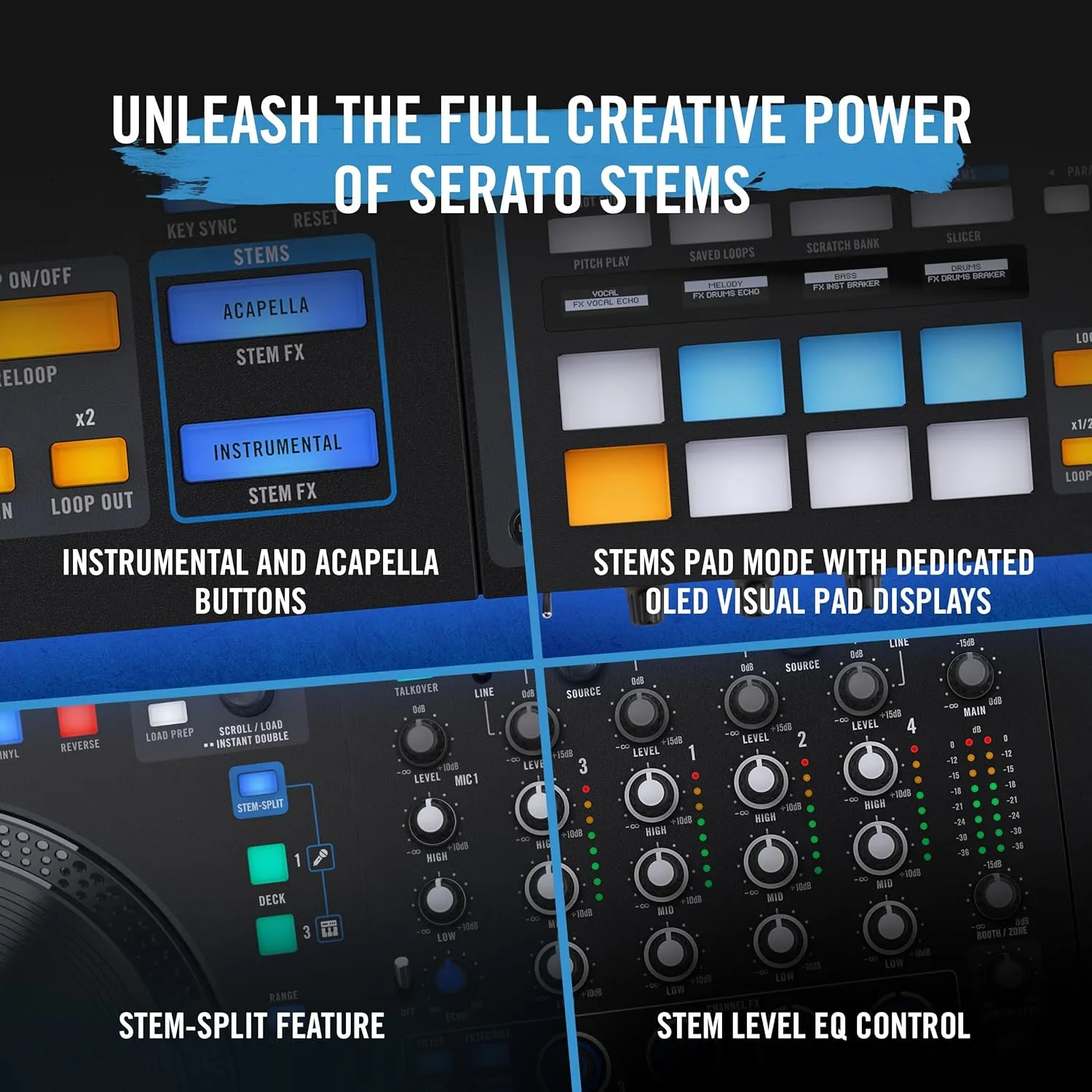 Rane Four Advanced 4 Channel Stems Controller-8.5" Jog Wheels with displays, Mixer with Internal FX, Serato DJ Pro and Pitch ‘n Time Included