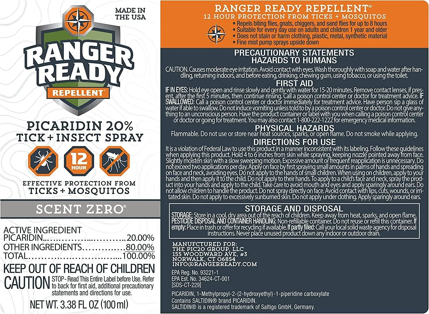 Ranger Ready Repellents Picaridin Insect Repellent Spray with Scent Zero - Mosquito Repellent and Tick Spray (3.4 oz., Pack of 2)