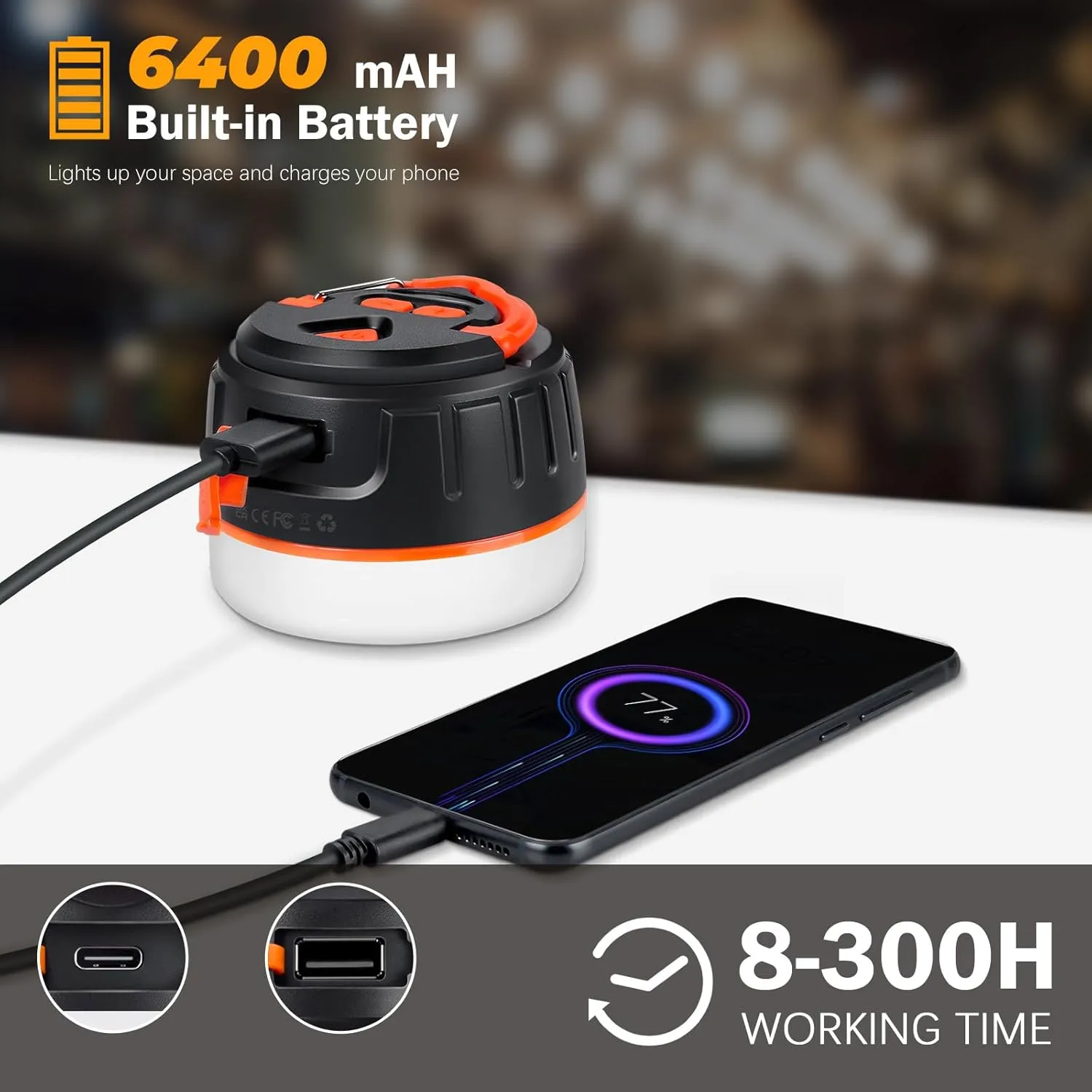 Rechargeable LED Camping Lantern 1000LM, 300H Runtime, 6400mAh, IPX5 Waterproof Tent Light for Camping, Hiking, Power Outages, Home, Emergency Use - Standard Edition,Orange