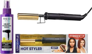Red by Kiss Small Tooth Hot Comb Hair Straightener & Heat Protector Spray Bundle