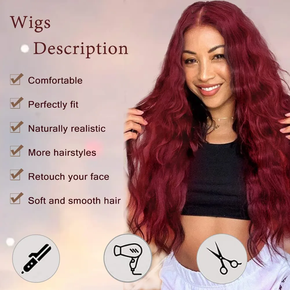 Red Long Curly Wavy Wigs for Women Wave Middle Part Synthetic Wig for Daily Halloween Use Cosplay Wigs (30Inch)