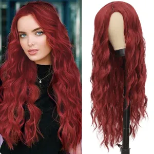 Red Long Curly Wavy Wigs for Women Wave Middle Part Synthetic Wig for Daily Halloween Use Cosplay Wigs (30Inch)