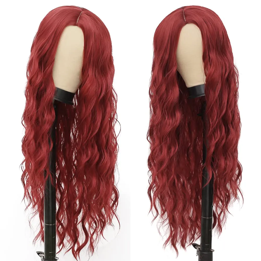 Red Long Curly Wavy Wigs for Women Wave Middle Part Synthetic Wig for Daily Halloween Use Cosplay Wigs (30Inch)