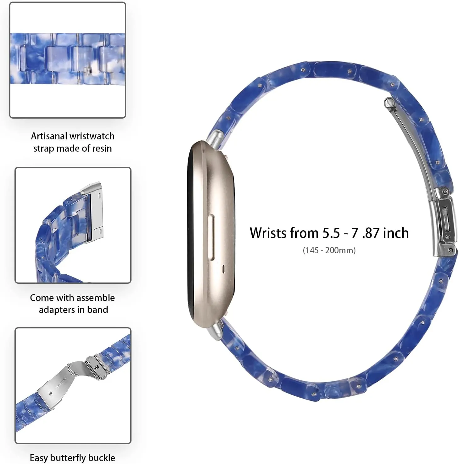 Resin Watch Band Compatible with Fitbit Versa 4/Sense 2/Versa 3/Fitbit Sense, Lightweight Adjustable Fashion Bracelet Wristband Replacement for Women Men with Stainless Metal Buckle