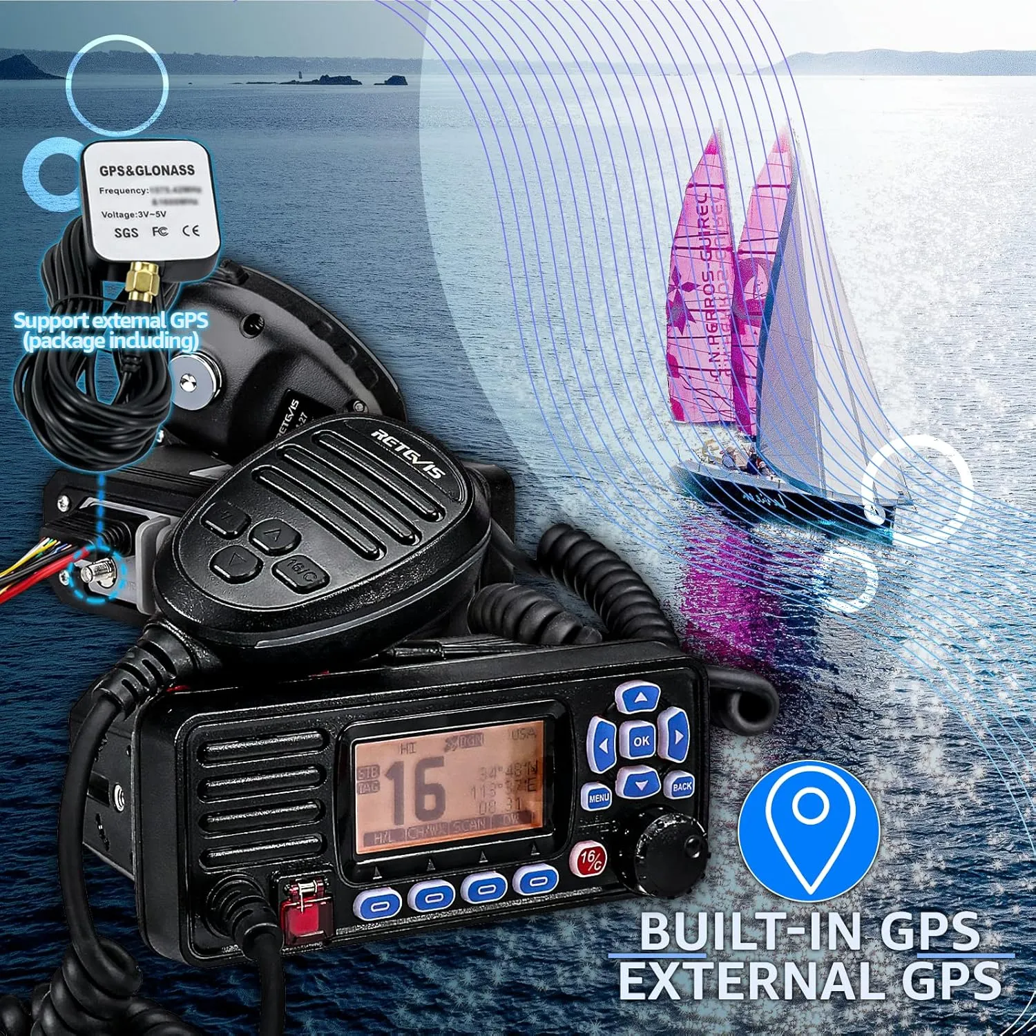 Retevis RA27 Fixed Mount Marine Radio with GPS and DSC, IP67 Waterproof, Long Range, Emergency NOAA Weather, All International/US/CA Marine Channels, Triple Watch, Ship to Shore Radio for Boats, Black