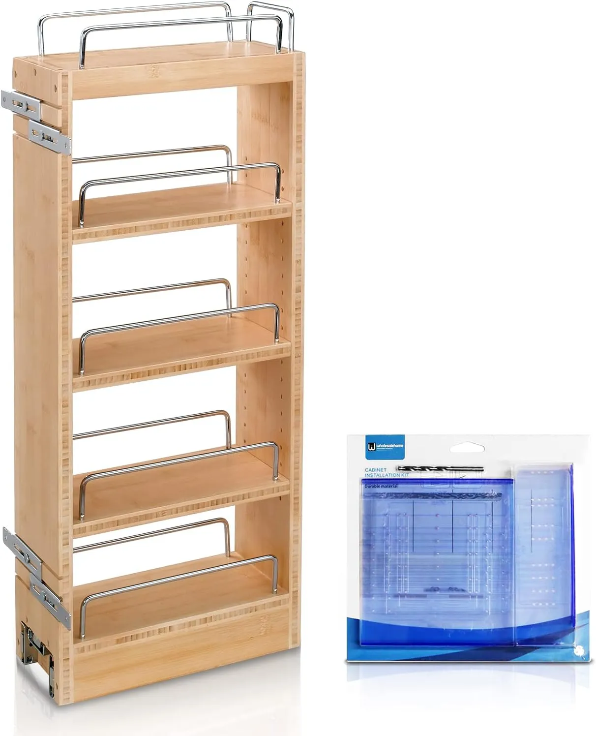 Rev-A-Shelf Pull Out Cabinet Organizer 448-WC-8C, 8-Inch Wood Base Kitchen Multi-Use Cabinet with 3 Adjustable Shelves for Storage and Organizing, Wholesalehome Installation Kit Included