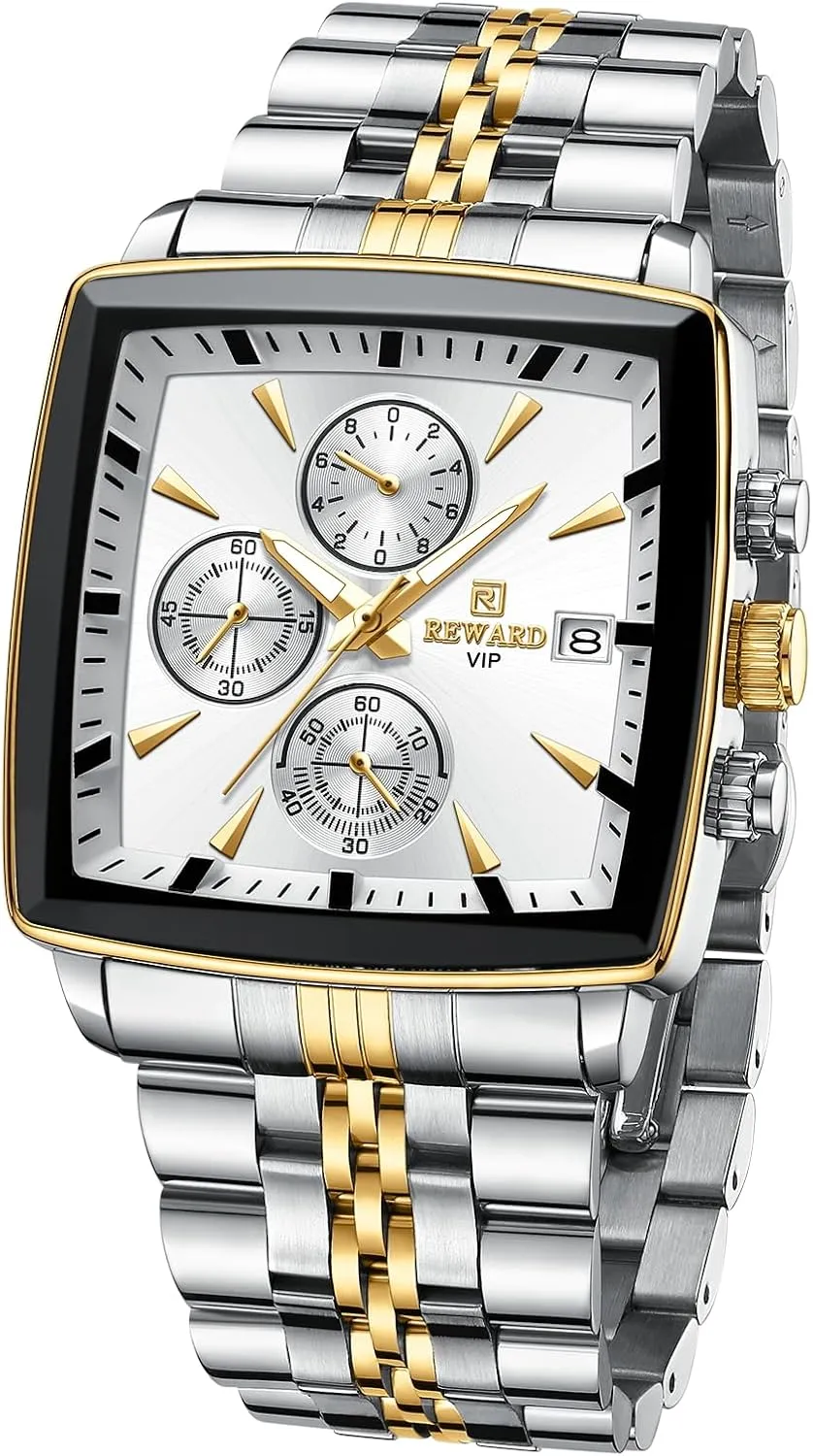 REWARD Mens Wrist Watch Business Big Square Face Waterproof Date Fashion Quartz Watches for Men Gold Silver