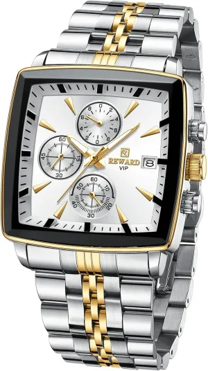 REWARD Mens Wrist Watch Business Big Square Face Waterproof Date Fashion Quartz Watches for Men Gold Silver