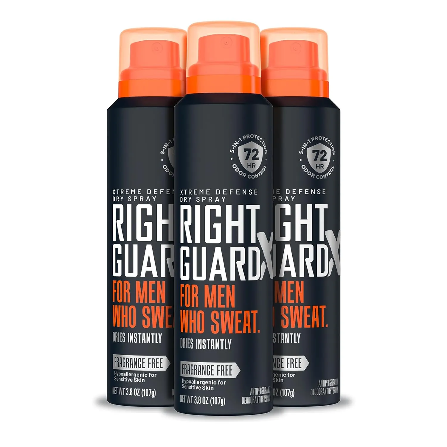Right Guard Xtreme Defense Antiperspirant & Deodorant Spray, 5-in-1 Protection Dry Spray Deodorant For Men, Blocks Sweat 2X Longer, 72-Hour Odor Control, Fragrance Free, 3.8 oz. (3 count)