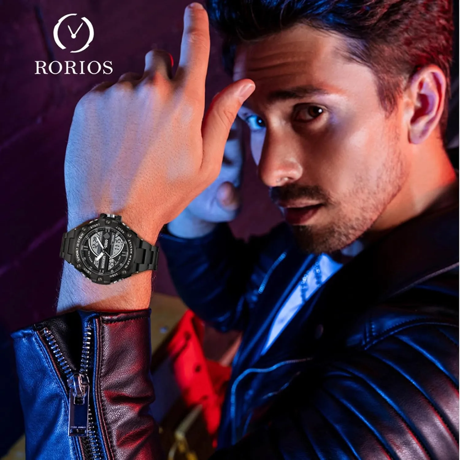 RORIOS Dual Display Electronic Watch for Men 5ATM Waterproof Wristwatch Digital Analog Quartz Watches Multifunctional Military Stainless Steel Strap