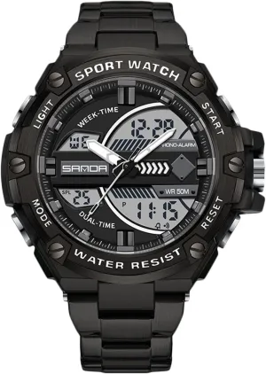 RORIOS Dual Display Electronic Watch for Men 5ATM Waterproof Wristwatch Digital Analog Quartz Watches Multifunctional Military Stainless Steel Strap