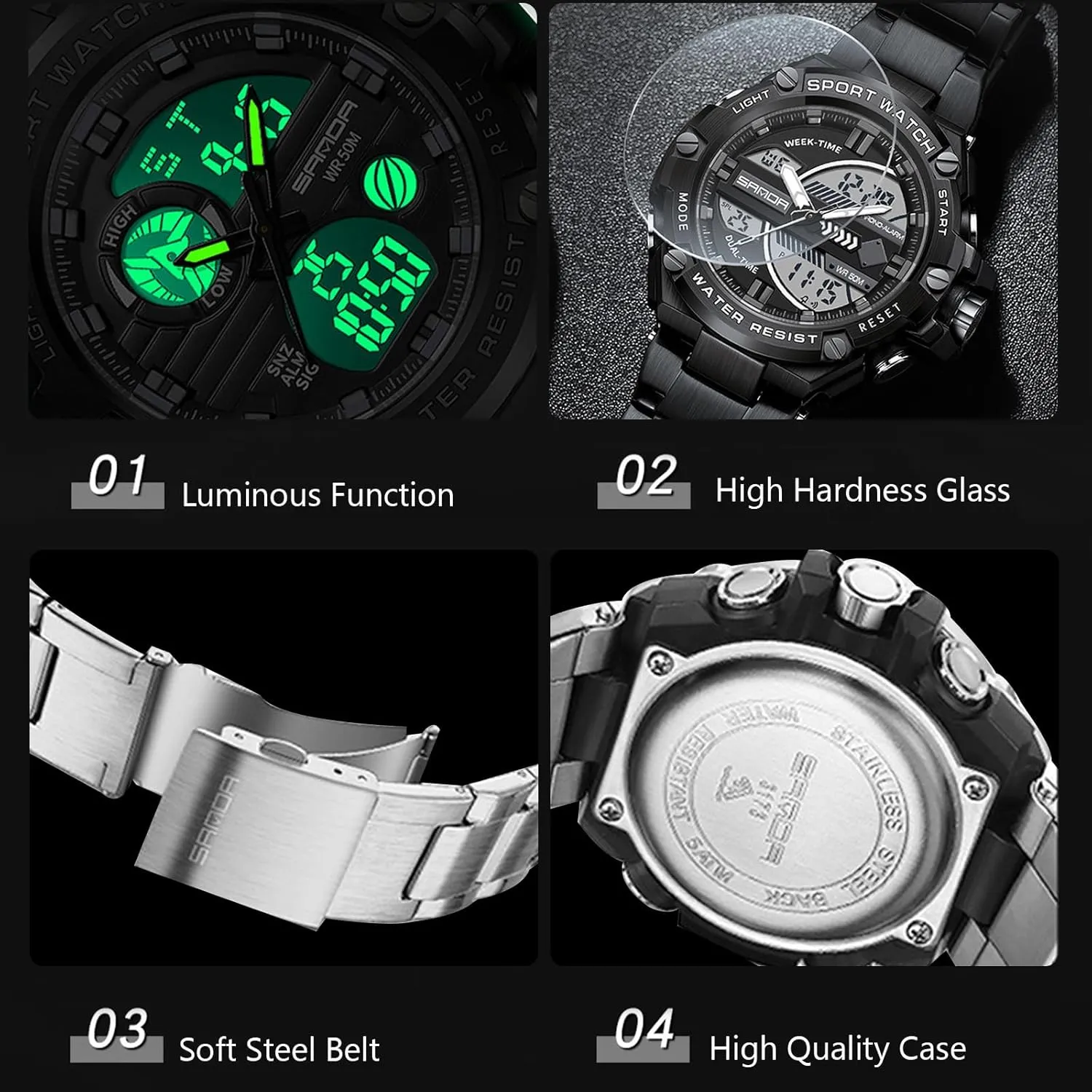 RORIOS Dual Display Electronic Watch for Men 5ATM Waterproof Wristwatch Digital Analog Quartz Watches Multifunctional Military Stainless Steel Strap