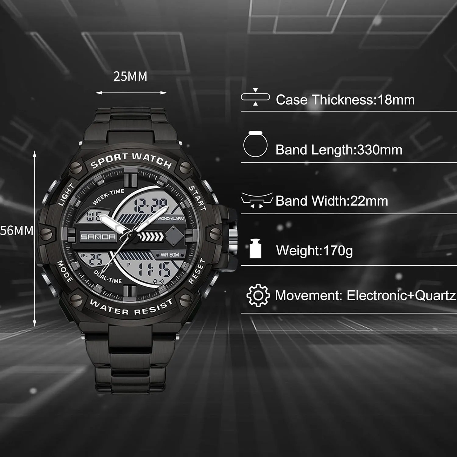 RORIOS Dual Display Electronic Watch for Men 5ATM Waterproof Wristwatch Digital Analog Quartz Watches Multifunctional Military Stainless Steel Strap