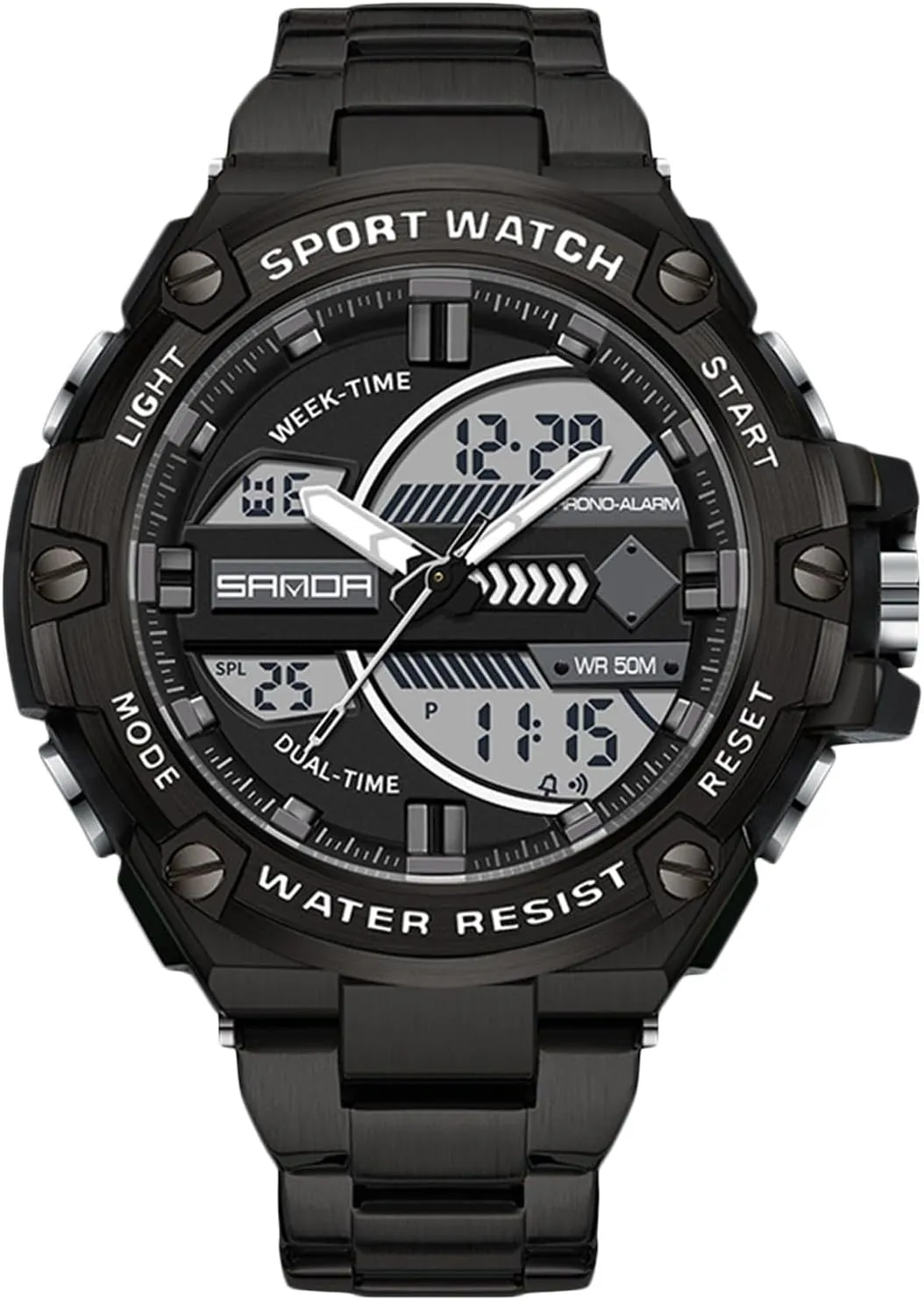 RORIOS Dual Display Electronic Watch for Men 5ATM Waterproof Wristwatch Digital Analog Quartz Watches Multifunctional Military Stainless Steel Strap