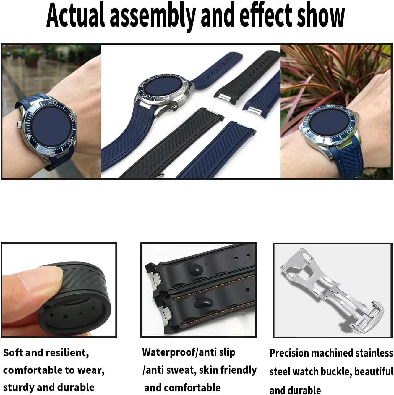 Rubber Watch Band replacement Omega Seamaster diver 300 300m Speedmaster aqua-terra 150m AT150 Moonwatch Professional Silicone Strap Wirstband for Men and Women with Curved End Steel Buckle