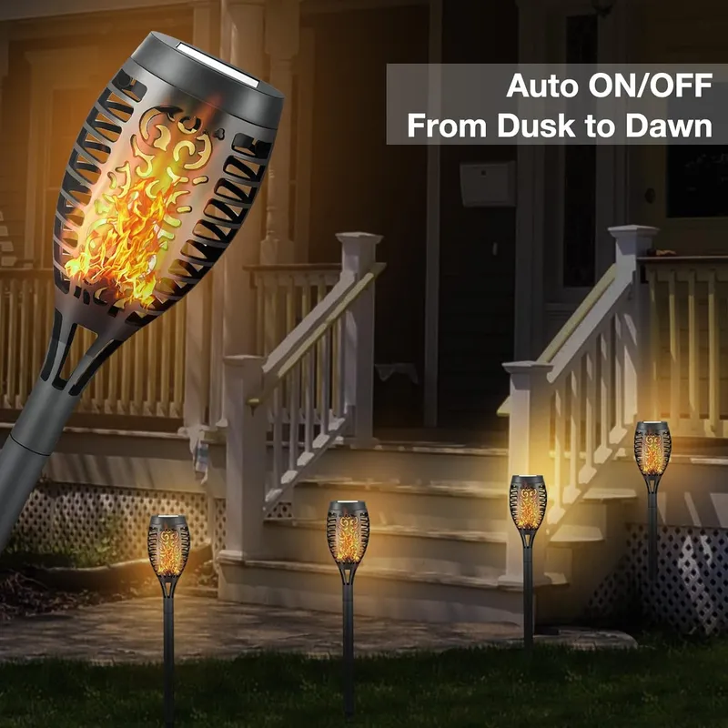 Rynx | 4 Pack LED Solar Torch with Flaming Happiness Outdoor Waterproof, Automatic On/Off Solar Garden