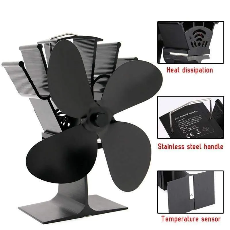 Rynx | Black Stove Fan 4-Blade Fireplace Fan Heat Powered Fireplace Wood Stove Eco-Friendly Fan Quiet Home Efficient Heat Distribution