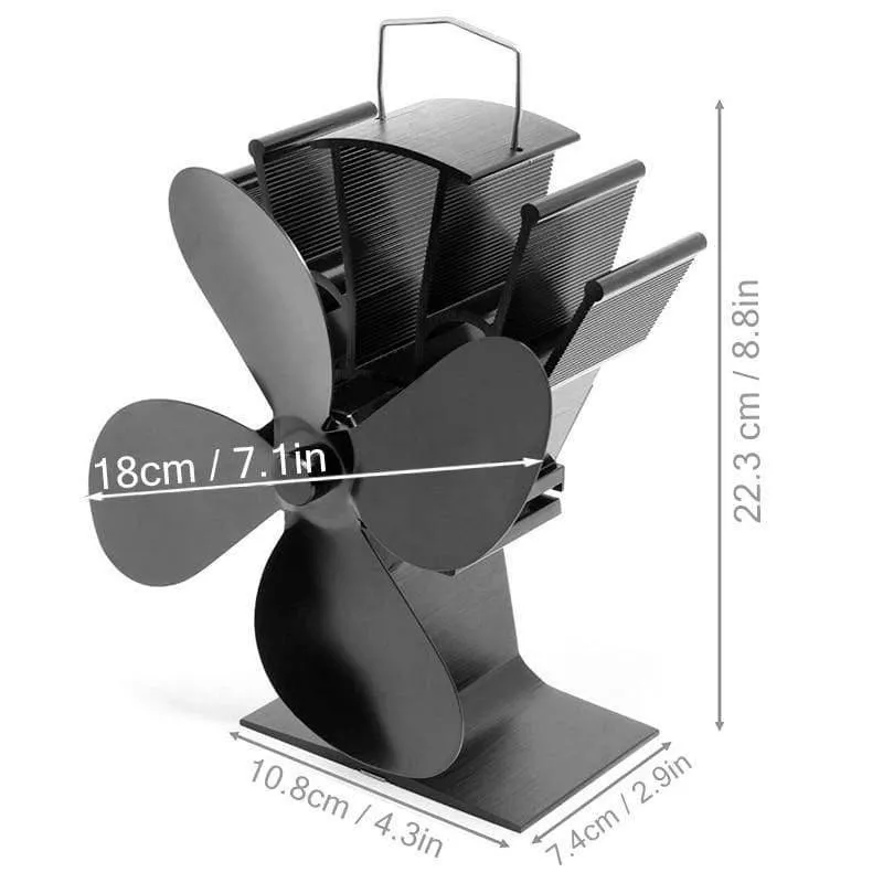 Rynx | Black Stove Fan 4-Blade Fireplace Fan Heat Powered Fireplace Wood Stove Eco-Friendly Fan Quiet Home Efficient Heat Distribution