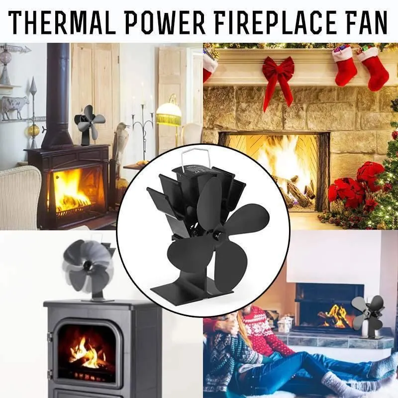 Rynx | Black Stove Fan 4-Blade Fireplace Fan Heat Powered Fireplace Wood Stove Eco-Friendly Fan Quiet Home Efficient Heat Distribution