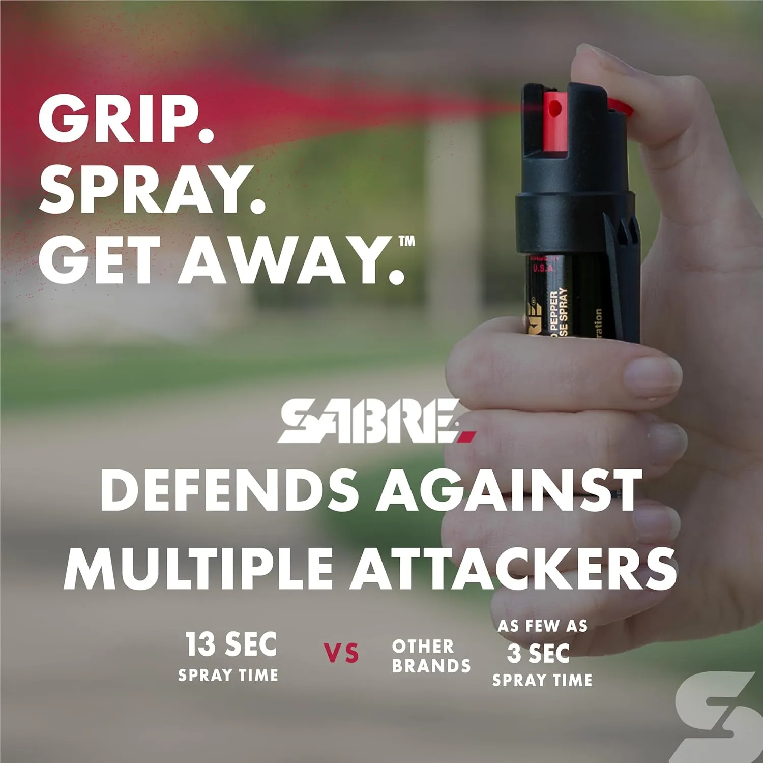 SABRE Advanced Pepper Spray, 3-in-1 Formula Contains Maximum Strength Pepper Spray, CS Military Tear Gas and UV Marking Dye, Compact Belt Clip for Easy Carry and Fast Access, 35 Bursts, 0.67 fl oz