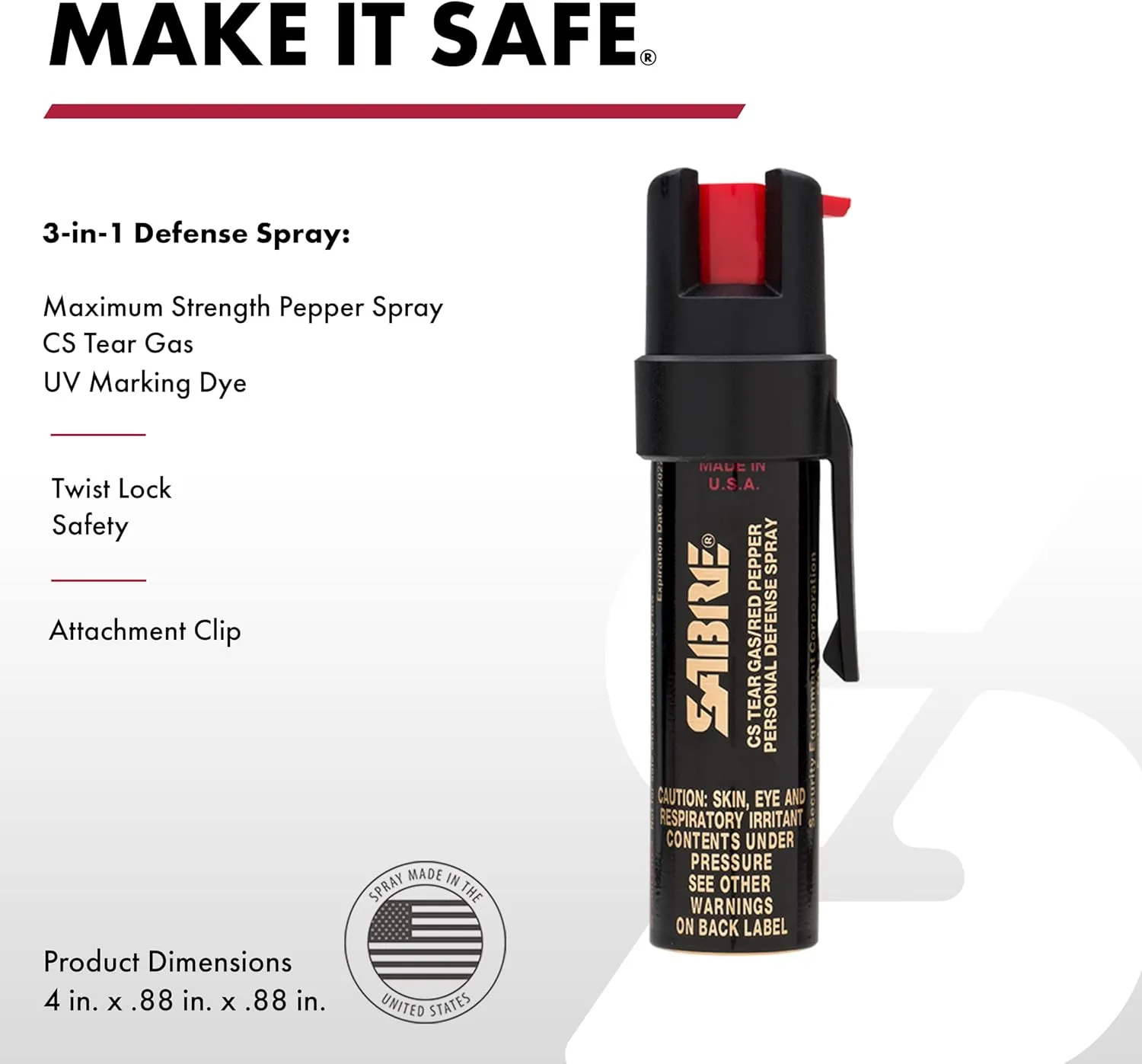 SABRE Advanced Pepper Spray, 3-in-1 Formula Contains Maximum Strength Pepper Spray, CS Military Tear Gas and UV Marking Dye, Compact Belt Clip for Easy Carry and Fast Access, 35 Bursts, 0.67 fl oz