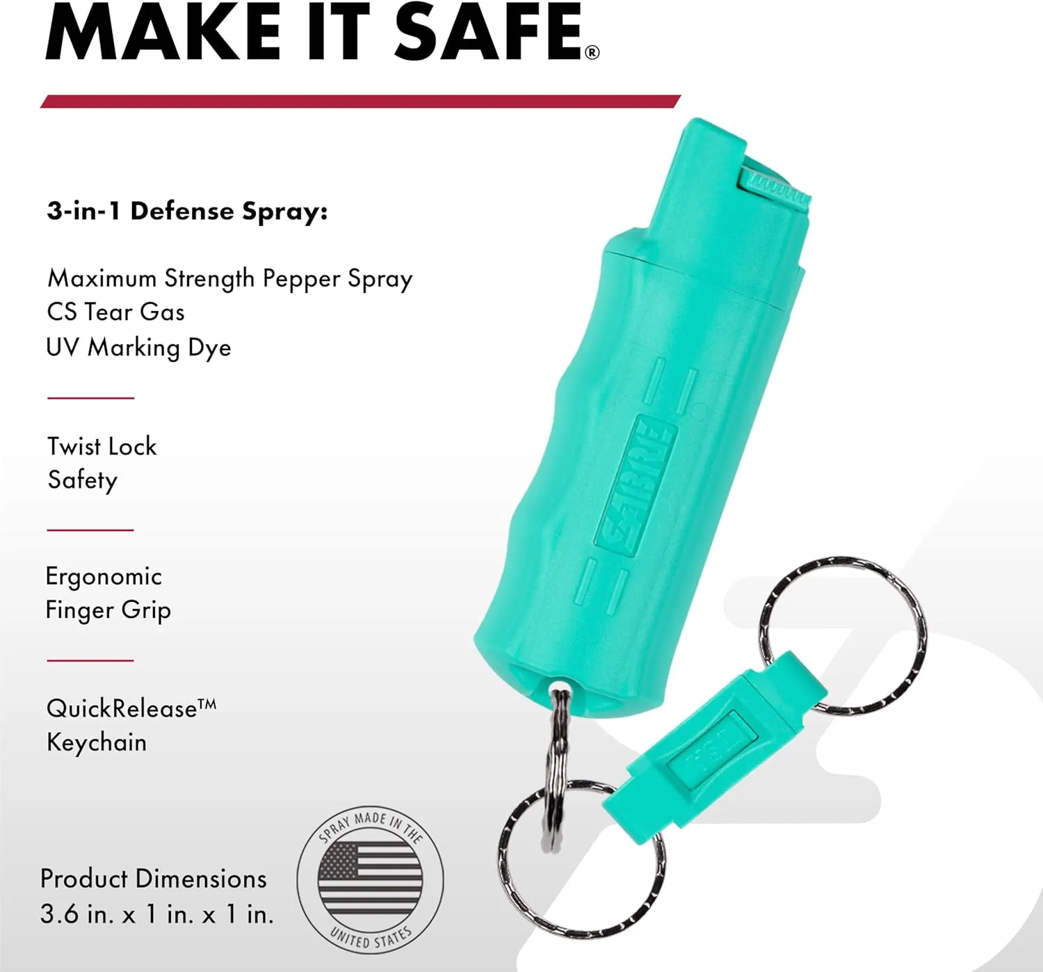 SABRE Defense Spray, 3-in-1 Formula Contains Max Strength Pepper Spray, CS Military Tear Gas & UV Marking Dye, Quick Release Key Ring for Easy Carry, Finger Grip for More Accurate Aim, 0.54 fl oz