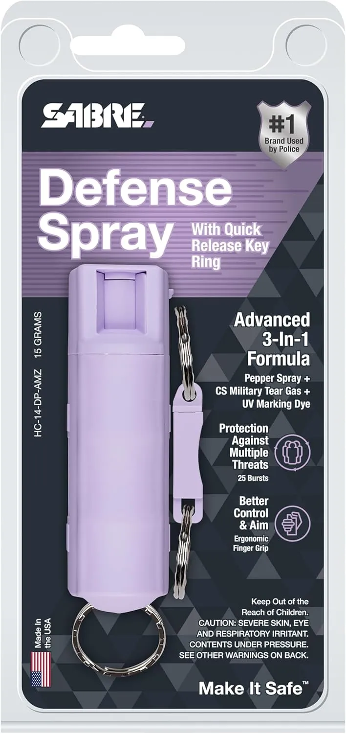 SABRE Defense Spray, 3-in-1 Formula Contains Max Strength Pepper Spray, CS Military Tear Gas & UV Marking Dye, Quick Release Key Ring for Easy Carry, Finger Grip for More Accurate Aim, 0.54 fl oz