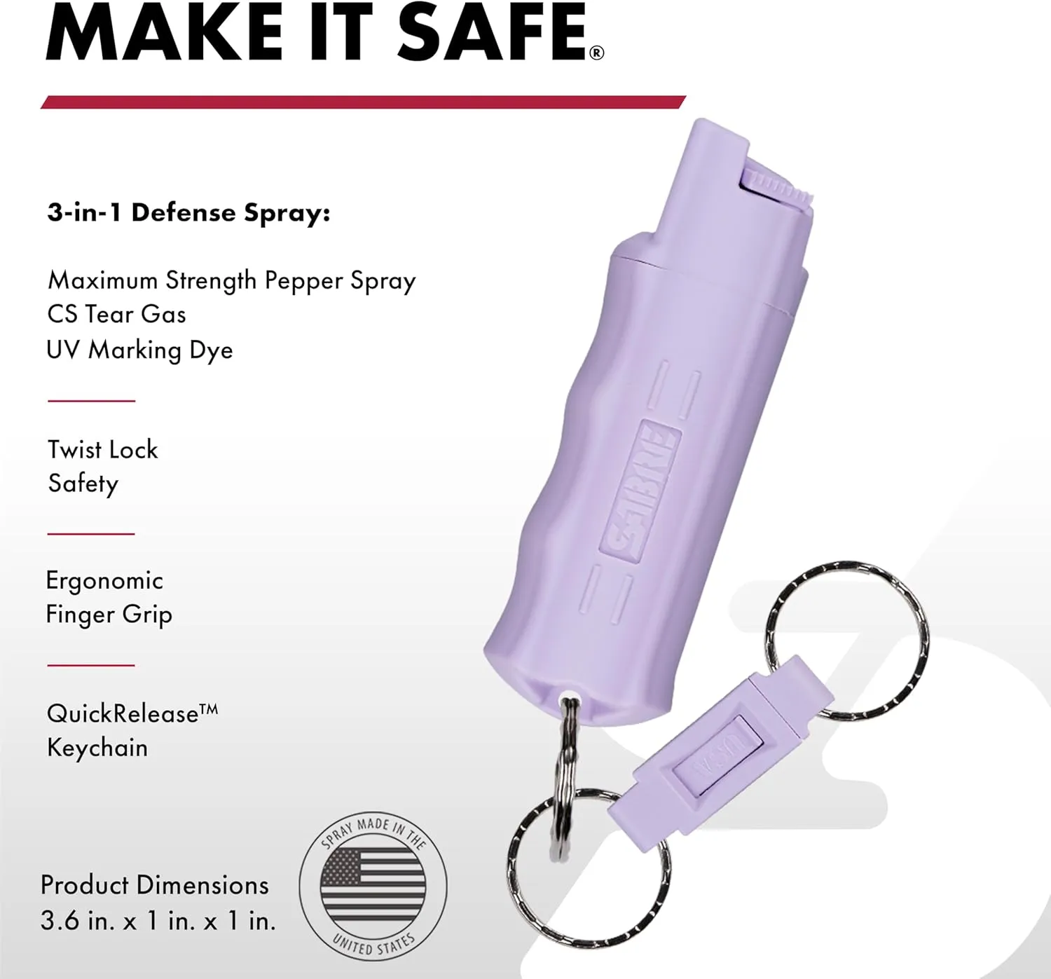 SABRE Defense Spray, 3-in-1 Formula Contains Max Strength Pepper Spray, CS Military Tear Gas & UV Marking Dye, Quick Release Key Ring for Easy Carry, Finger Grip for More Accurate Aim, 0.54 fl oz