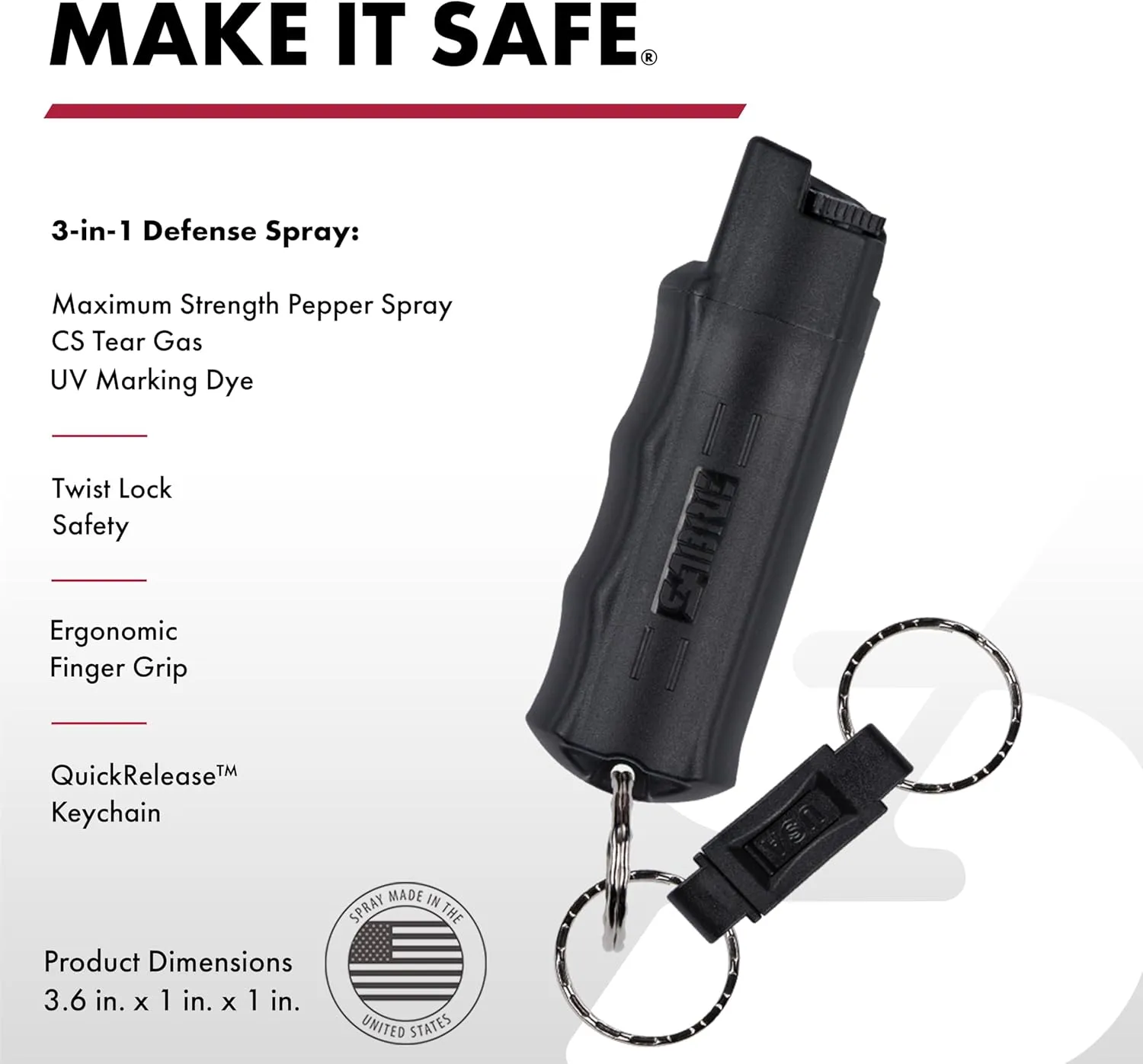 SABRE Defense Spray, 3-in-1 Formula Contains Max Strength Pepper Spray, CS Military Tear Gas & UV Marking Dye, Quick Release Key Ring for Easy Carry, Finger Grip for More Accurate Aim, 0.54 fl oz
