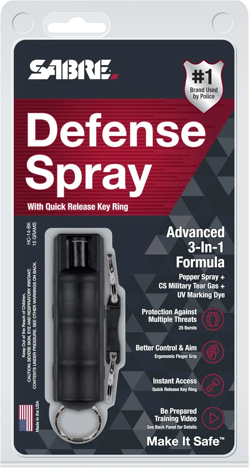 SABRE Defense Spray, 3-in-1 Formula Contains Max Strength Pepper Spray, CS Military Tear Gas & UV Marking Dye, Quick Release Key Ring for Easy Carry, Finger Grip for More Accurate Aim, 0.54 fl oz
