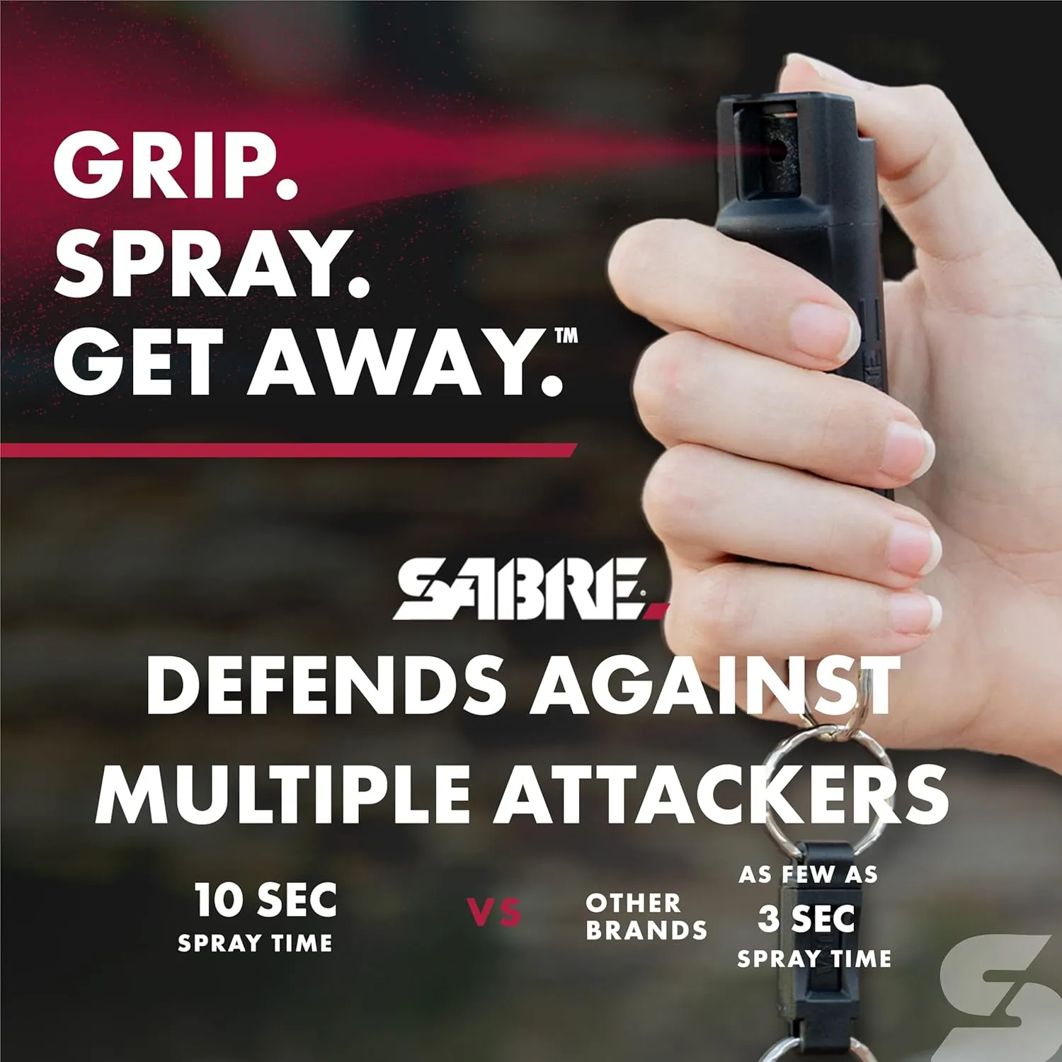 SABRE Defense Spray, 3-in-1 Formula Contains Max Strength Pepper Spray, CS Military Tear Gas & UV Marking Dye, Quick Release Key Ring for Easy Carry, Finger Grip for More Accurate Aim, 0.54 fl oz