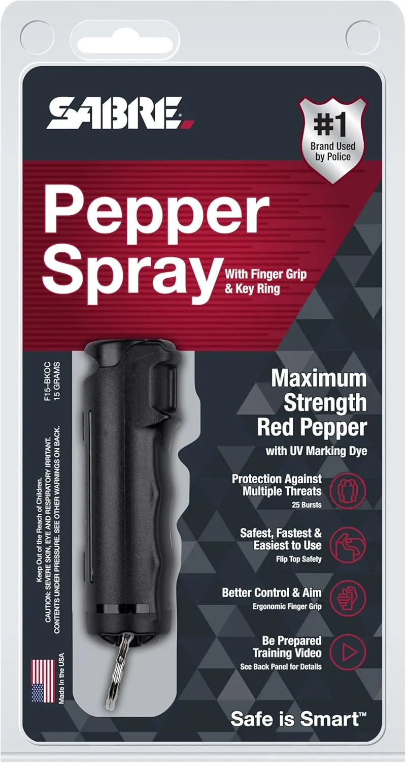SABRE Pepper Spray with Fast Flip Top, Maximum Police Strength OC Spray, Key Ring for Easy Carry and Fast Access, Finger Grip for More Accurate and Faster Aim, 0.54 fl oz, Secure and Easy to Use