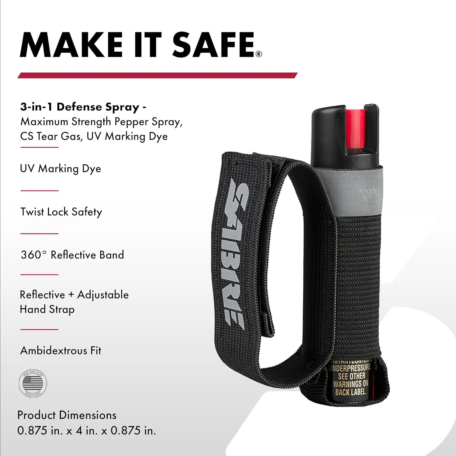 SABRE Runner Defense Spray, 3-in-1 Formula Contains Pepper Spray, CS Military Tear Gas & UV Marking Dye, Max Strength, Reflective Hand Strap For Easy Carry, 35 Bursts, Secure & Easy to Use Safety