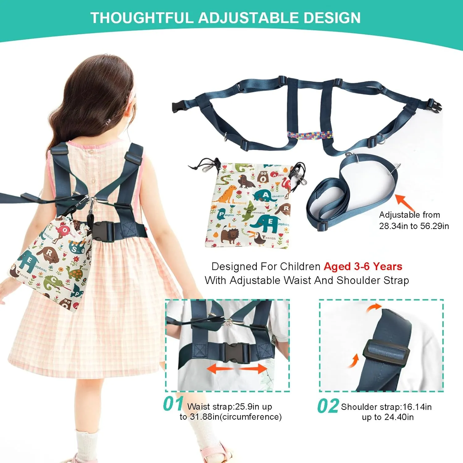 Safety Walking Harness for Older Children, Kids Secure Walking Leash with Adjustable Tether for Autism,Special Needs ADHD ASD Child, Youth Autism Elopement Harness with Pouch