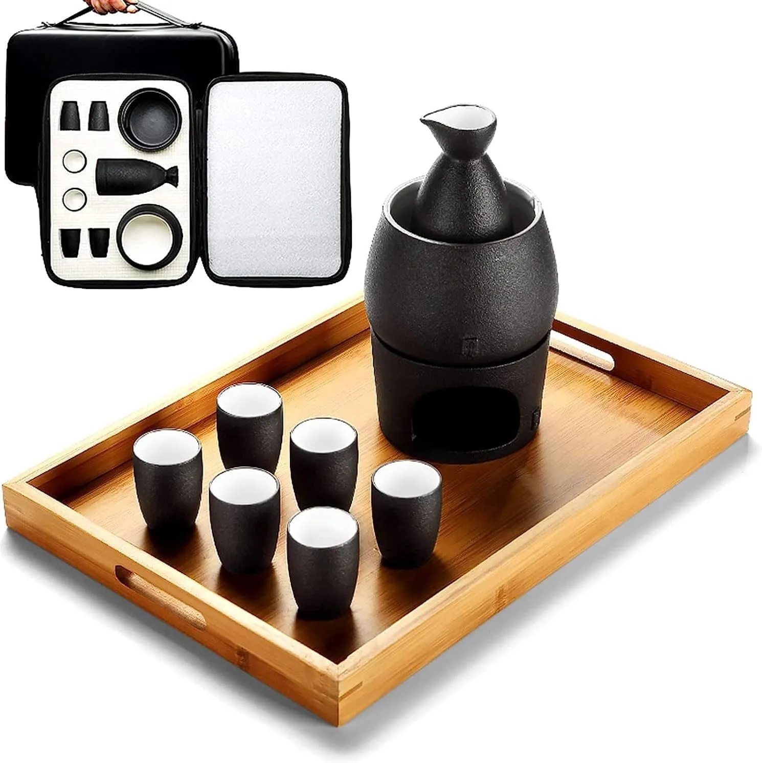 Sake Set and Cups with Warmer, Sake Storage Gift Bag, Traditional Porcelain Japanese Pottery Hot Saki Drink, 9-Piece Include 1 Stove 1 Warming Bowl 1 Sake Bottle 6 Cup,with Tray