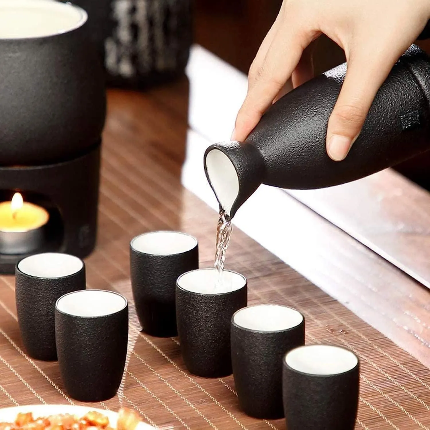 Sake Set and Cups with Warmer, Sake Storage Gift Bag, Traditional Porcelain Japanese Pottery Hot Saki Drink, 9-Piece Include 1 Stove 1 Warming Bowl 1 Sake Bottle 6 Cup,with Tray