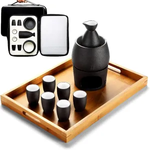 Sake Set, Saki Cups,Crafts CupCeramic Sake Set,Sake Set and Cups with Warmer, Sake Storage Gift Bag, Traditional Porcelain Japanese Pottery Hot Saki Drink, 9-Piece Include 1 Stove 1 Warming B