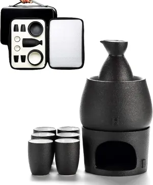Sake Set, Saki Cups，Crafts CupCeramic Sake Set，Sake Set and Cups with Warmer, Sake Storage Gift Bag, Traditional Porcelain Japanese Pottery Hot Saki Drink, 9-Piece Include 1 Stove 1 Warming