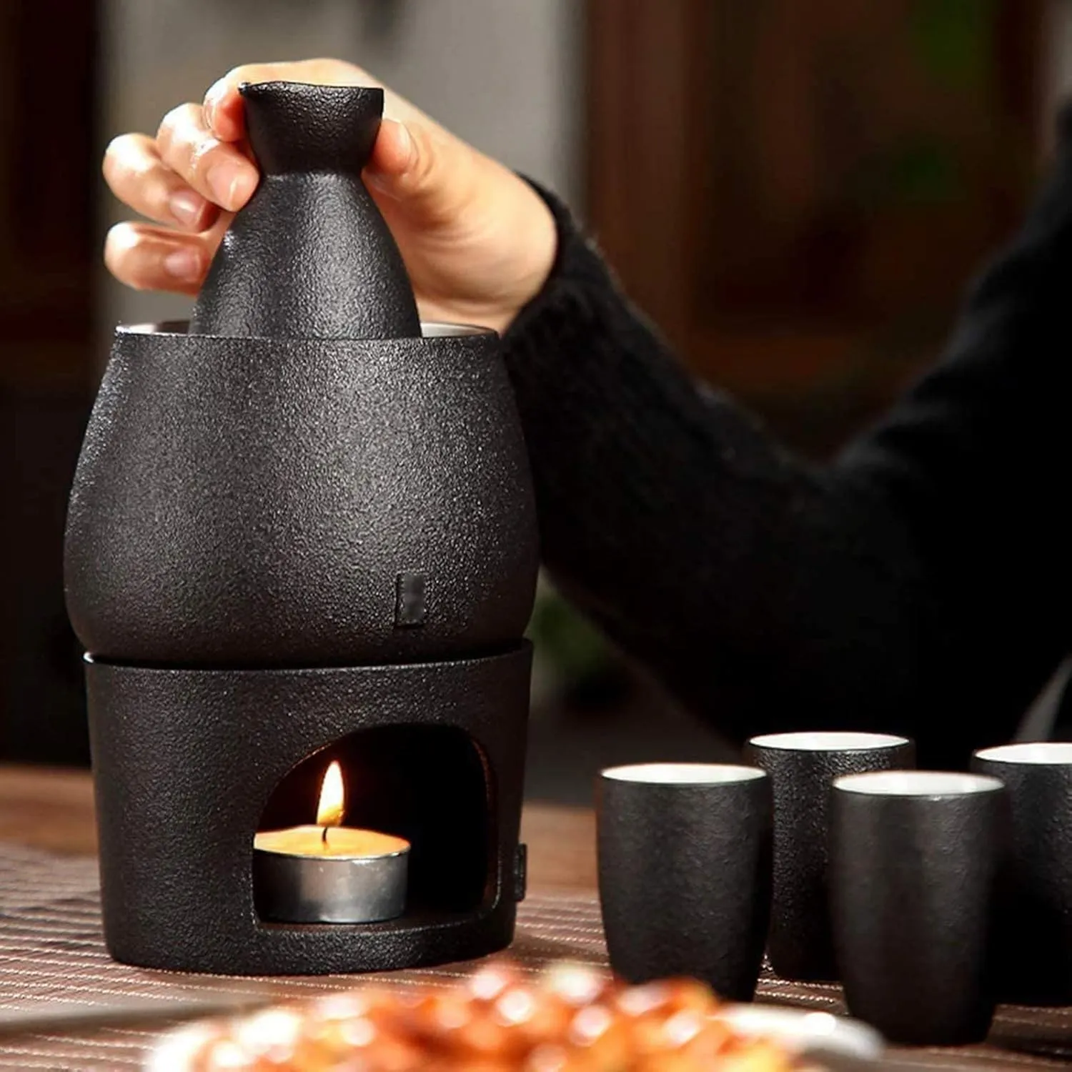 Sake Set, Saki Cups，Crafts CupCeramic Sake Set，Sake Set and Cups with Warmer, Sake Storage Gift Bag, Traditional Porcelain Japanese Pottery Hot Saki Drink, 9-Piece Include 1 Stove 1 Warming