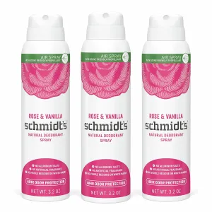 Schmidt's Natural Deodorant Spray for Women and Men, Rose and Vanilla with 48 Hour Protection, No Aluminum Salts, No White Marks, Cruelty Free, Vegan, Deodorant, 3.2 Ounce (Pack of 3)