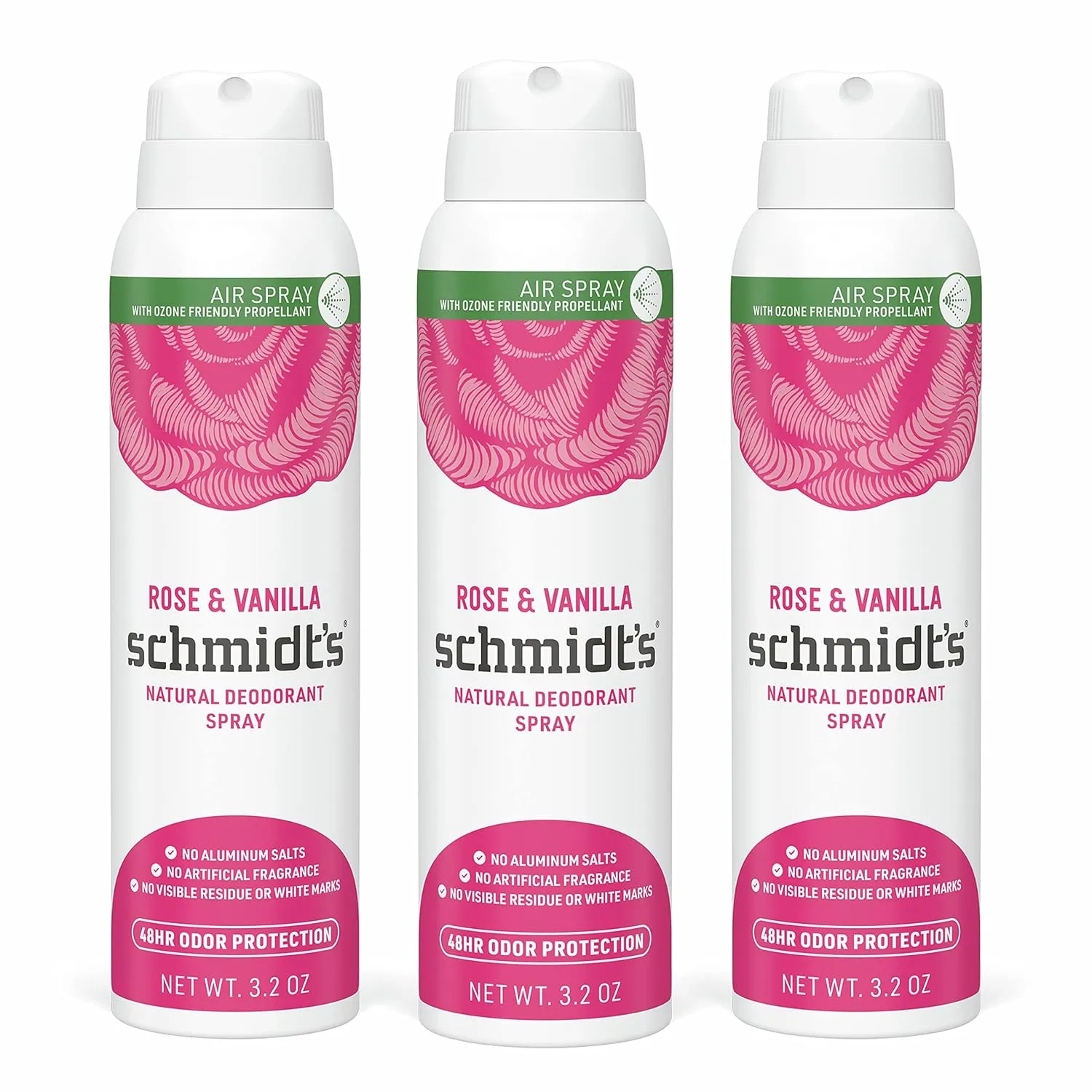 Schmidt's Natural Deodorant Spray for Women and Men, Rose and Vanilla with 48 Hour Protection, No Aluminum Salts, No White Marks, Cruelty Free, Vegan, Deodorant, 3.2 Ounce (Pack of 3)