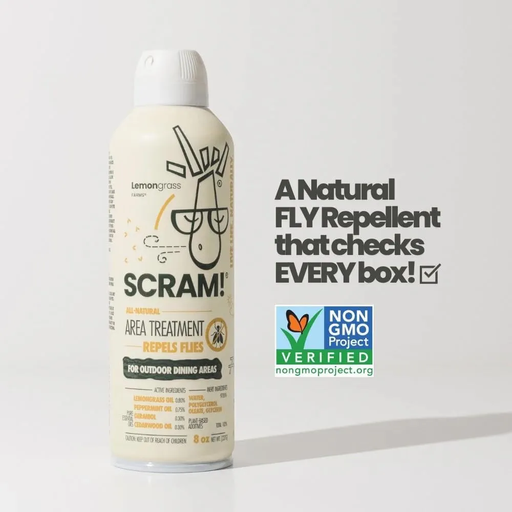 Scram Outdoor Surface Spray | Create A No-Fly Zone | All Natural with Peppermint, Cedarwood, Geraniol, and Lemongrass Oil | DEET-Free | Twin Pack, 8oz Per Can, 16oz Total