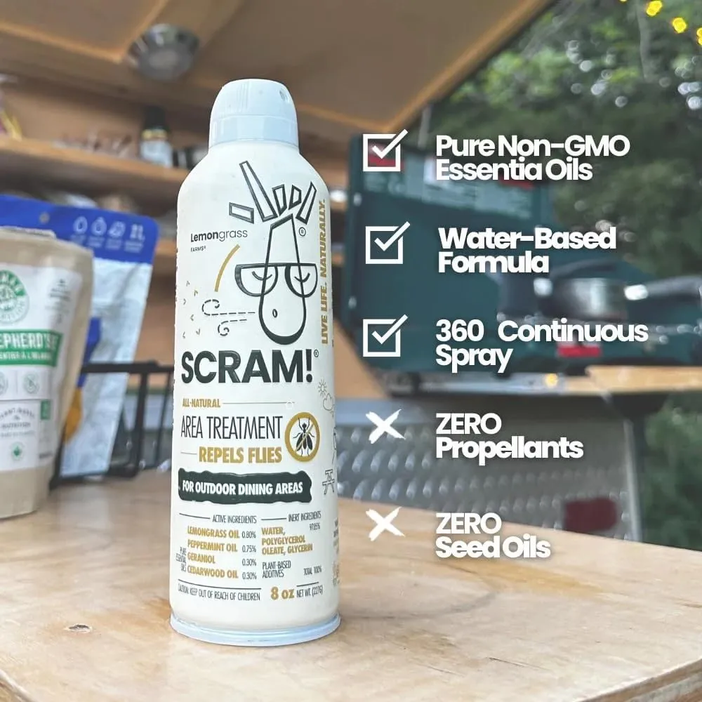Scram Outdoor Surface Spray | Create A No-Fly Zone | All Natural with Peppermint, Cedarwood, Geraniol, and Lemongrass Oil | DEET-Free | Twin Pack, 8oz Per Can, 16oz Total