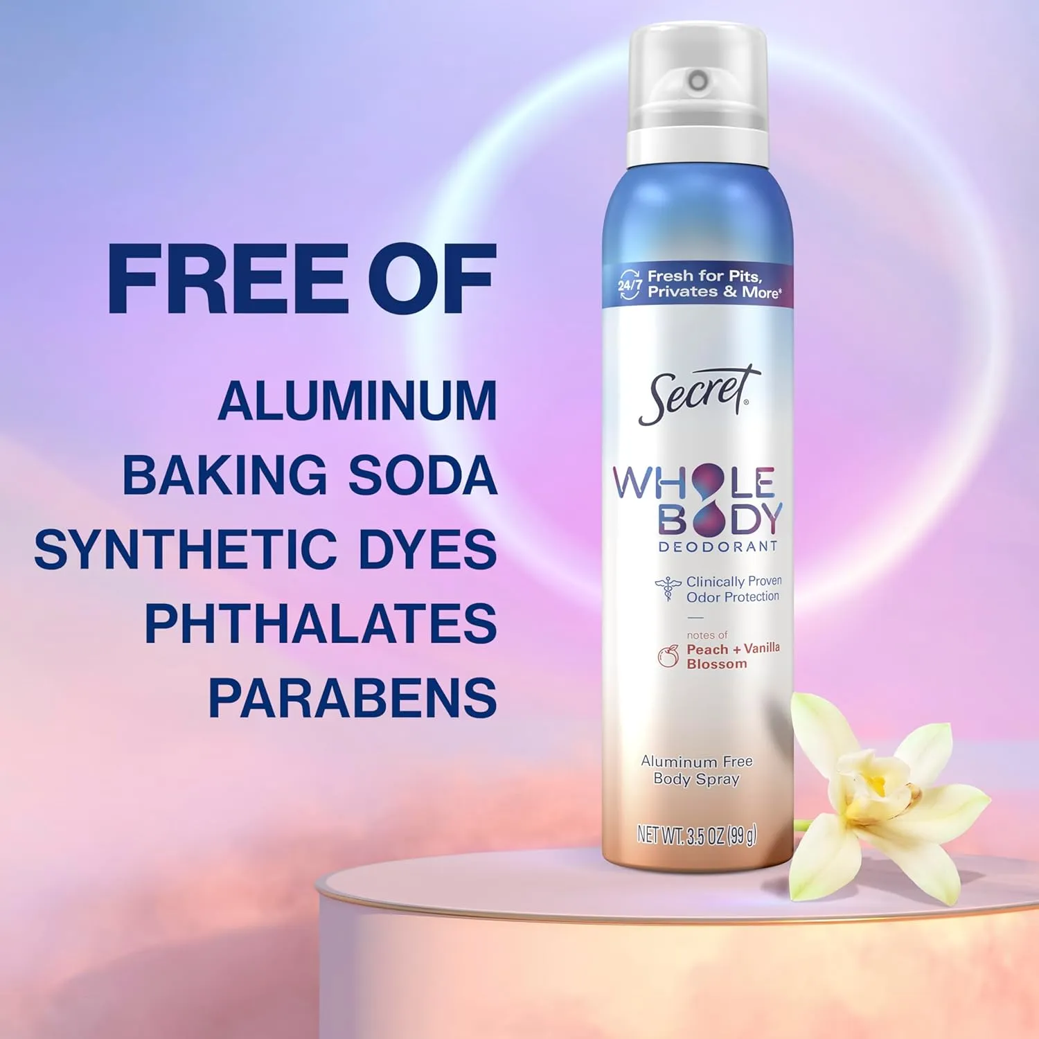 Secret Whole Body Deodorant Spray for Women, Peach & Vanilla Scent, Aluminum Free Deodorant Spray, 72 HR Odor Protection, 3.5 oz