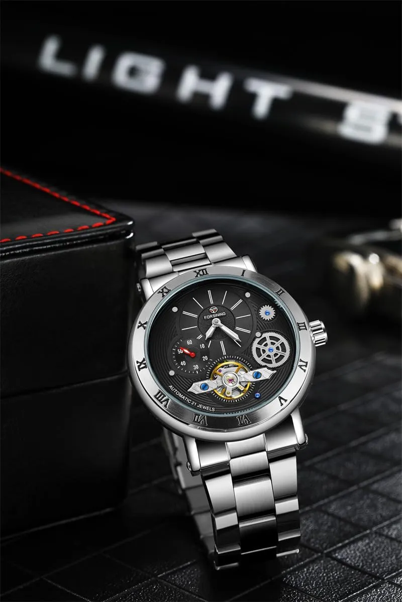 Self Winding Watches for Men Automatic Mechanical Tourbillon Stainless Steel Waterproof Luminous Luxury Dress Wrist Watches