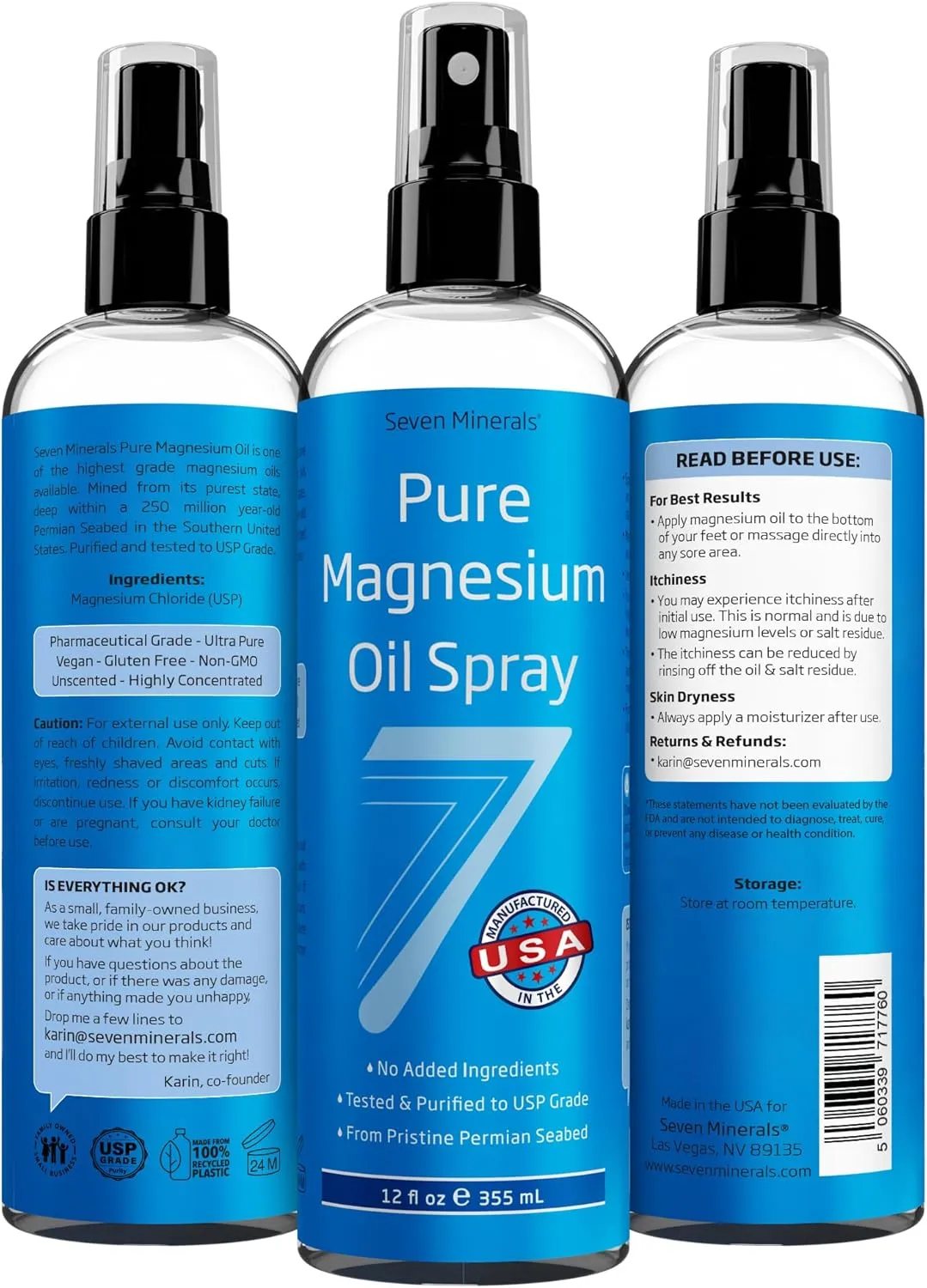 Seven Minerals Pure Magnesium Oil Spray - Big 12oz - Pharmaceutical (USP) Grade, Highest Strength with Instant Relief for Feet, Sleep, Muscle Pain & Cramps - Mined in The USA