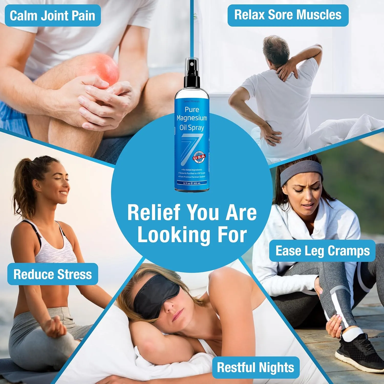 Seven Minerals Pure Magnesium Oil Spray - Big 12oz - Pharmaceutical (USP) Grade, Highest Strength with Instant Relief for Feet, Sleep, Muscle Pain & Cramps - Mined in The USA