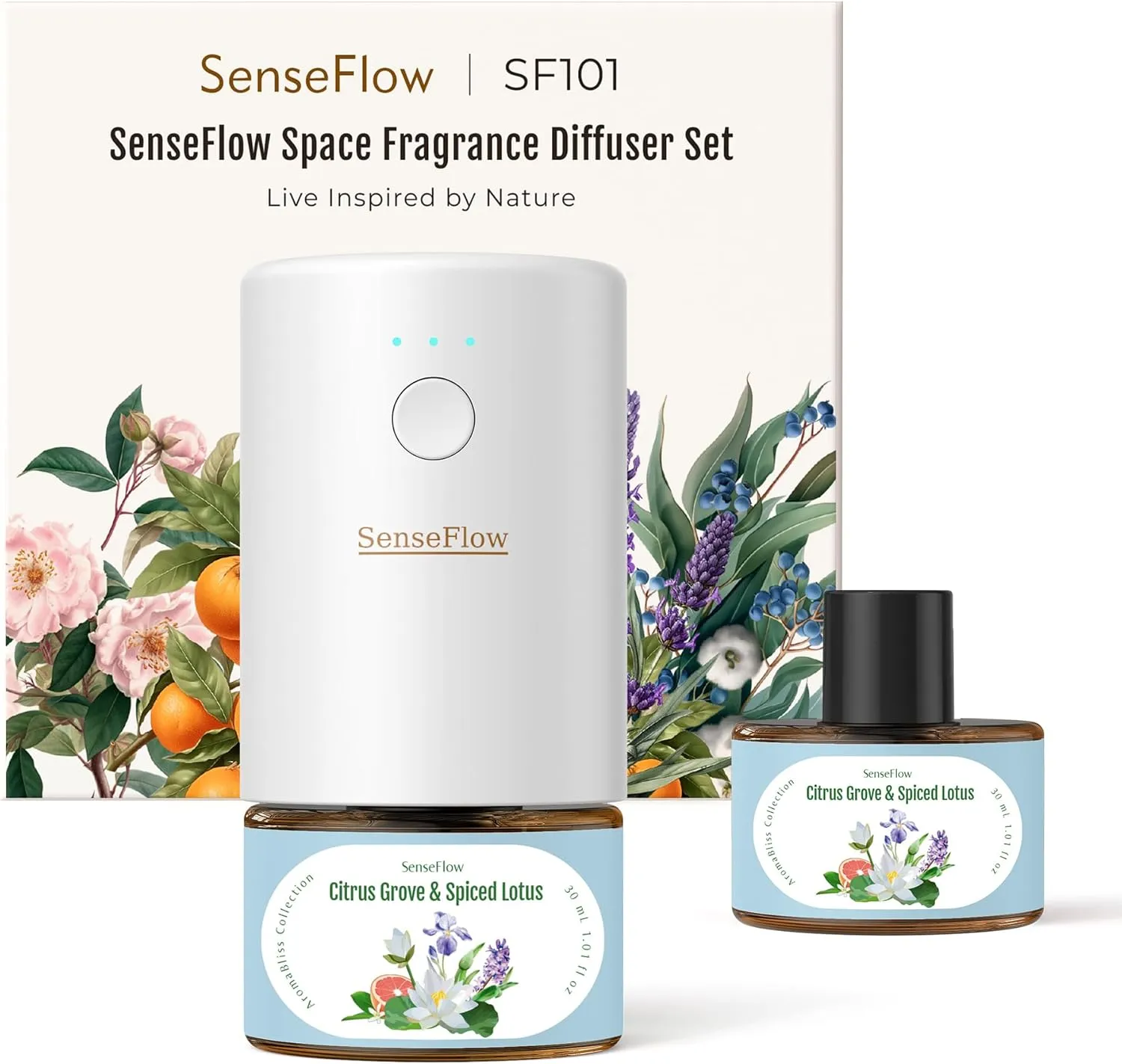 SF101 Waterless Ultrasonic Essential Oil Diffuser–100% Plant-Based,120-Day Natural Air Freshener & Aromatherapy Diffuser for Home,Hotel,Studio–Covers up to 100㎡-Citrus Grove & Spiced Lotus
