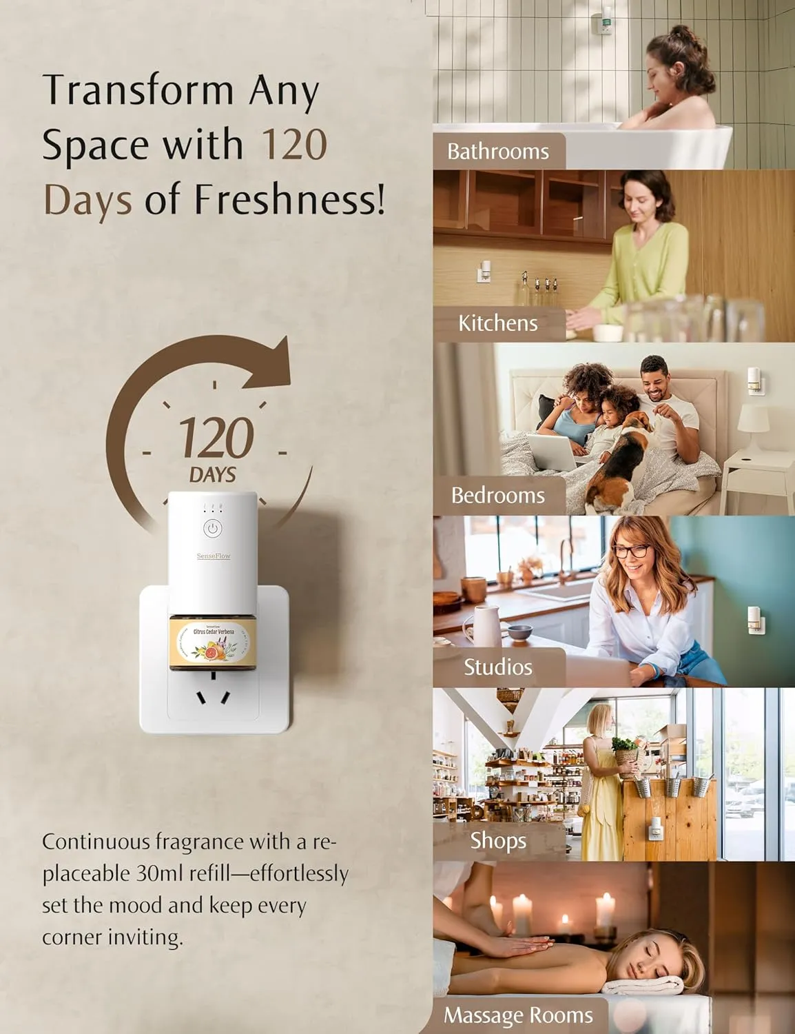 SF101 Waterless Ultrasonic Essential Oil Diffuser–100% Plant-Based,120-Day Natural Air Freshener & Aromatherapy Diffuser for Home,Hotel,Studio–Covers up to 100㎡-Citrus Grove & Spiced Lotus