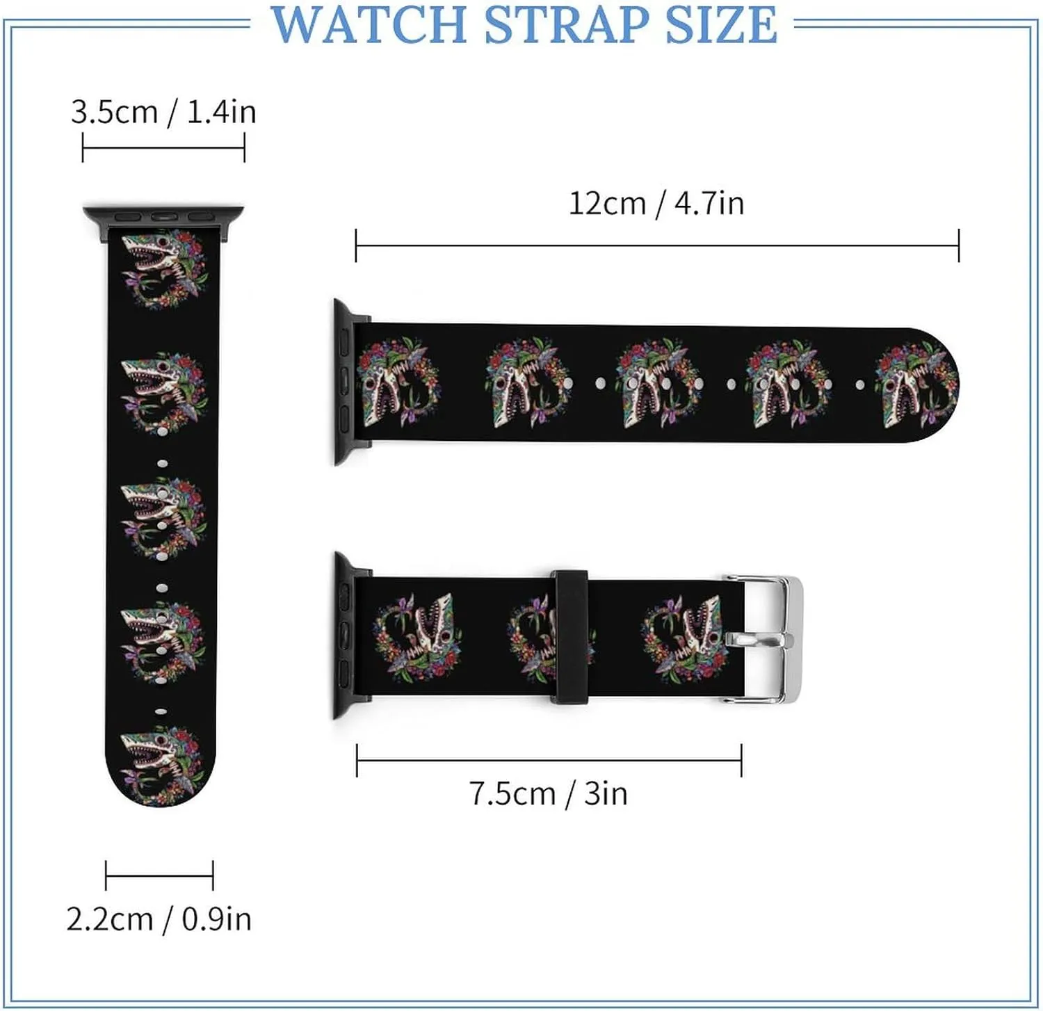 Shark Sugar Skull Mexico Dia De Los Sport Silicone Watch Band Compatible with Iwatch Quick Release Replacement Strap